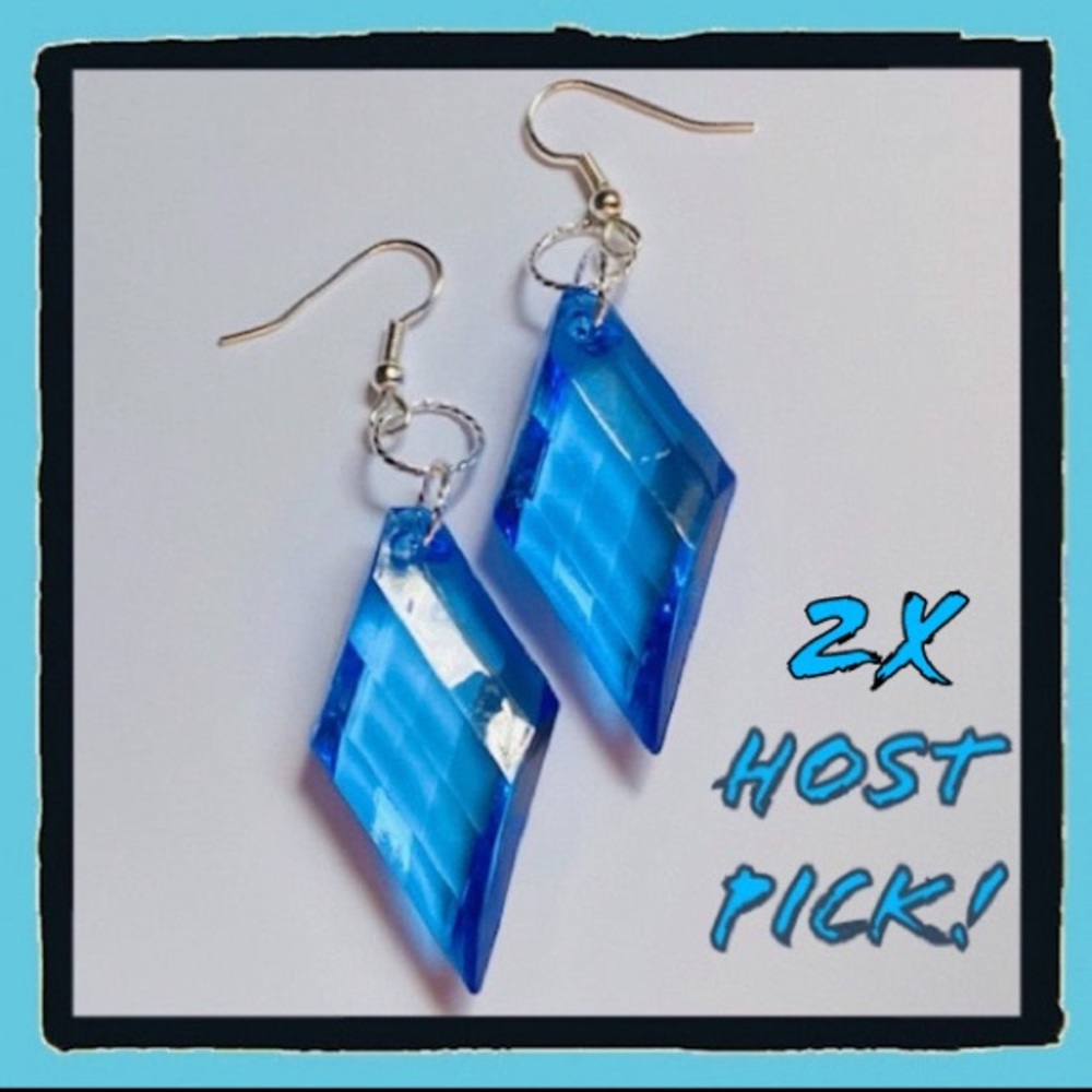 Hand Crafted Blue Diamond Earrings Dangle Diamond-Shaped Acrylic Retro New Wave - Picture 2 of 6
